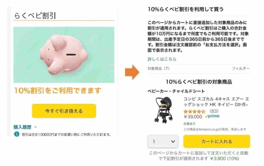 Amazonらくらくベビー(旧レジストリ)の割引券の使い方画面